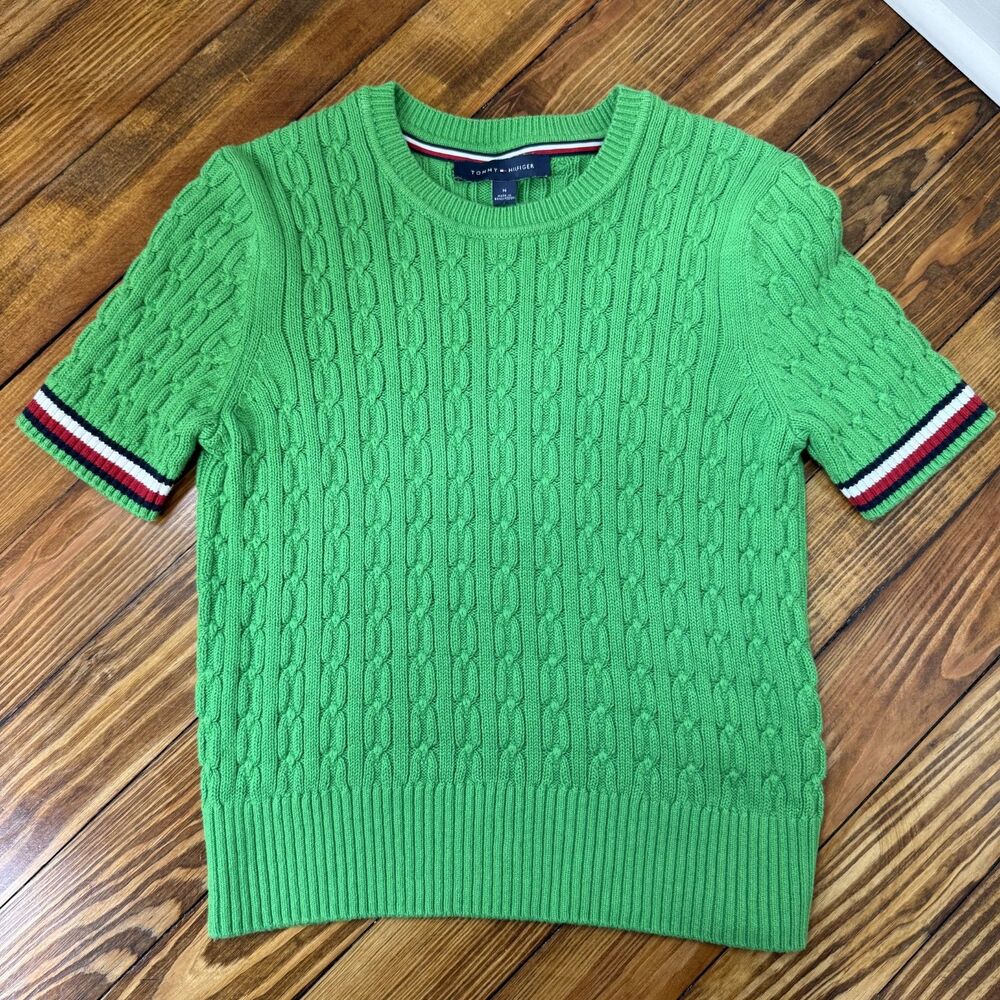 Tommy Hilfiger Green Cable Knit Cotton Sweater | Preppy Short Sleeve
